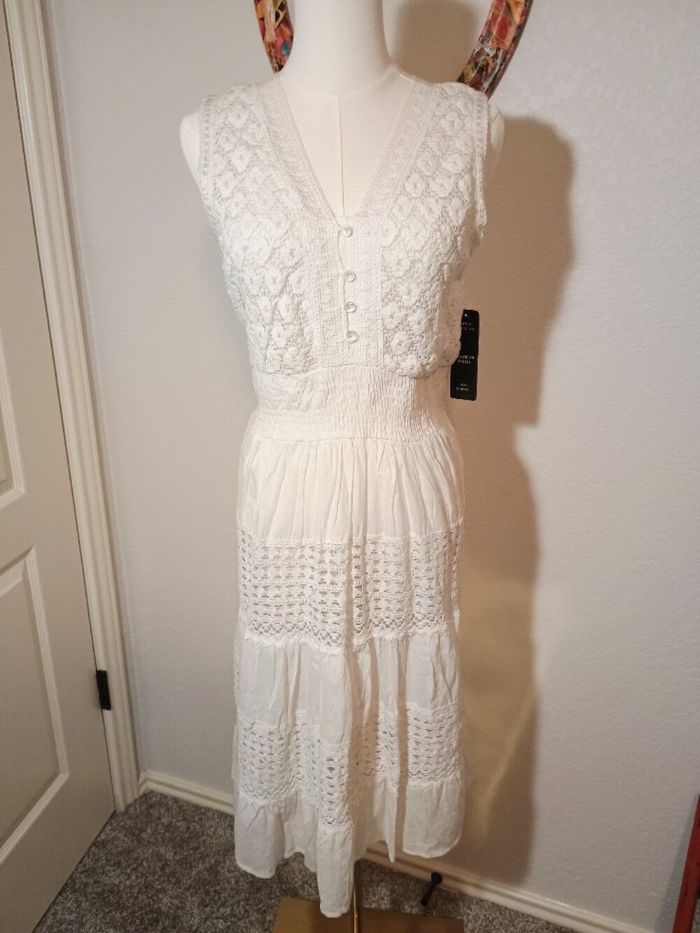 Floral Sleeveless Cotton Crocheted Button Up Tiered Dress Size L Boho Beachy NWT